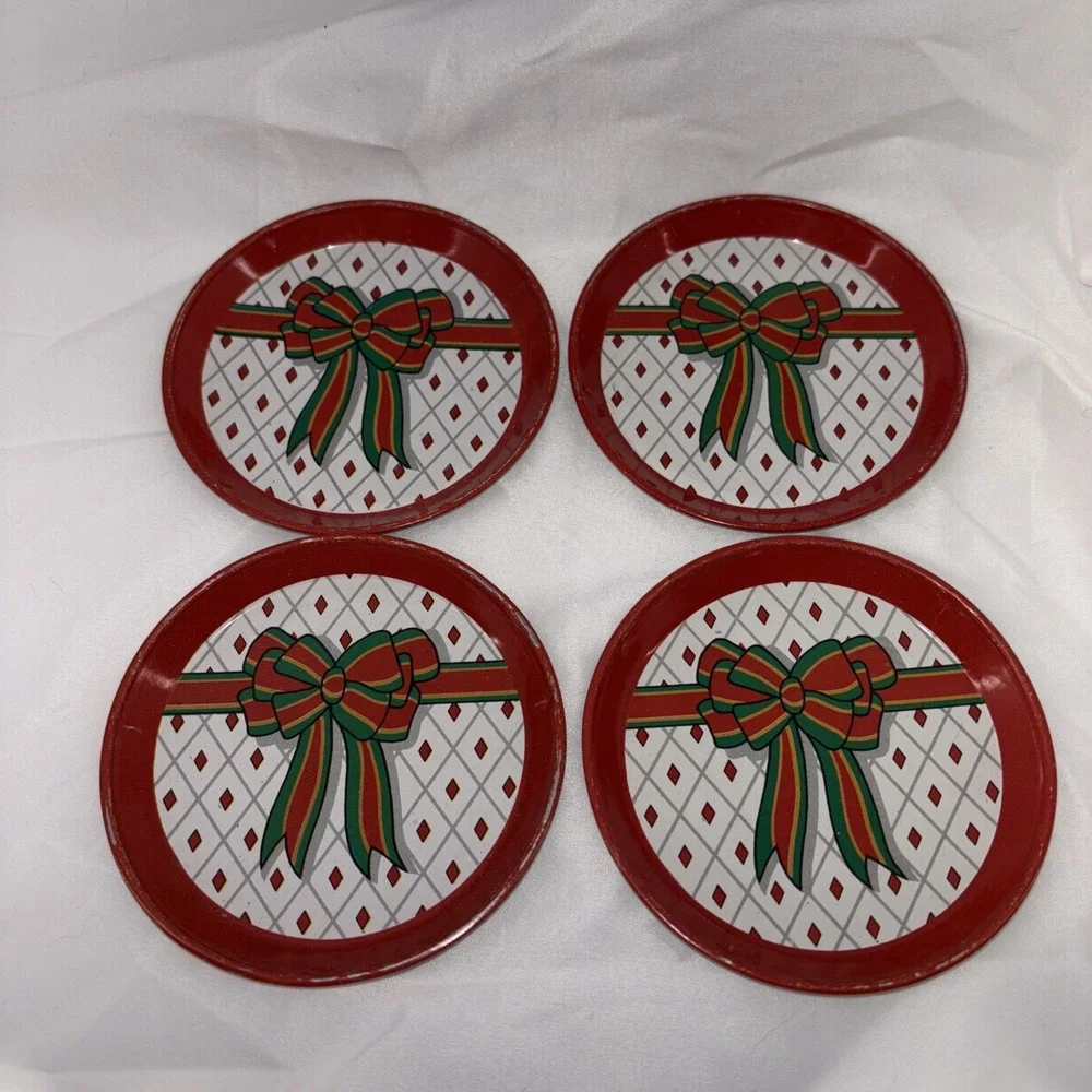 Vintage‎ Metal Christmas Drink Coasters Red Green Bow Retro 1960